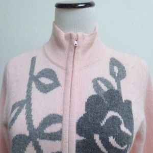 TERRYL FOR THALIAN floral CASHMERE ZIP pink gray zip Cardigan sweater M